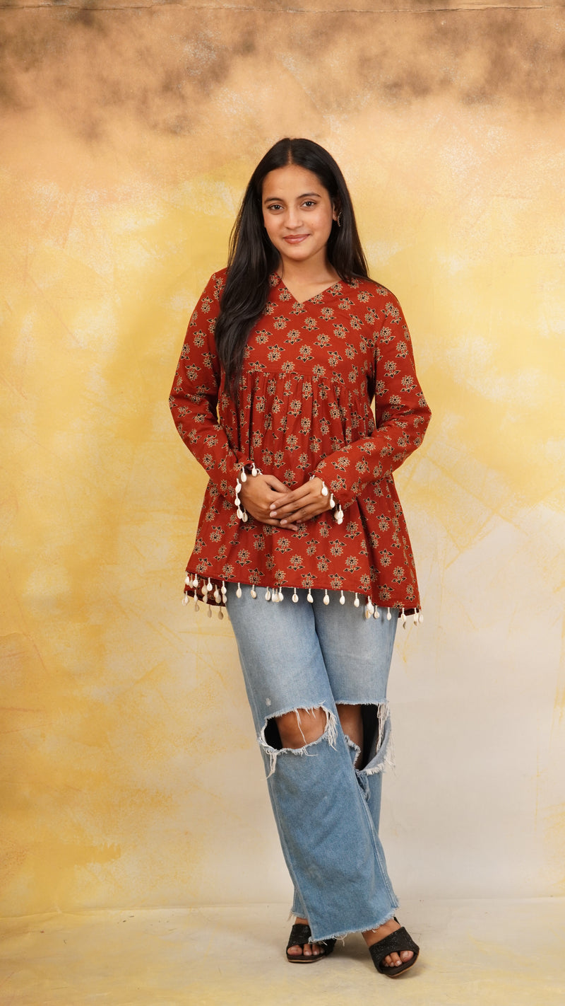 Preet Ajrak Shell-Trim Kurti